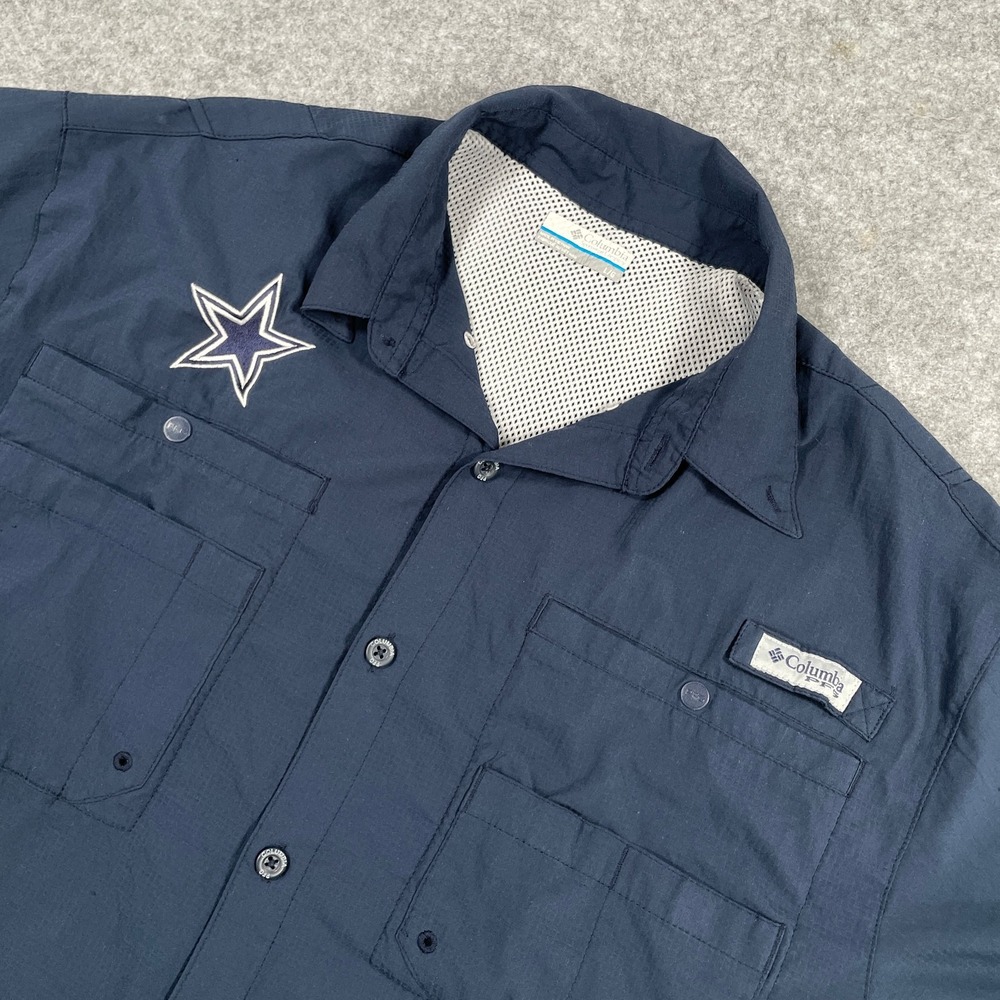 Columbia Mens Dallas Cowboys PFG Fishing Shirt Large Navy Blue Vented Button Up